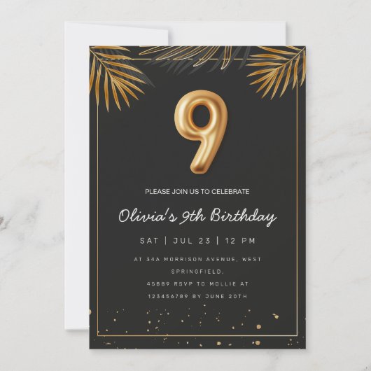 Invitation Golden Tropical Palm Feuille 9e anniversaire (Devant)