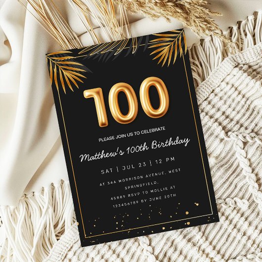 Invitation Golden Tropical Palm Leaves 100th Birthday 