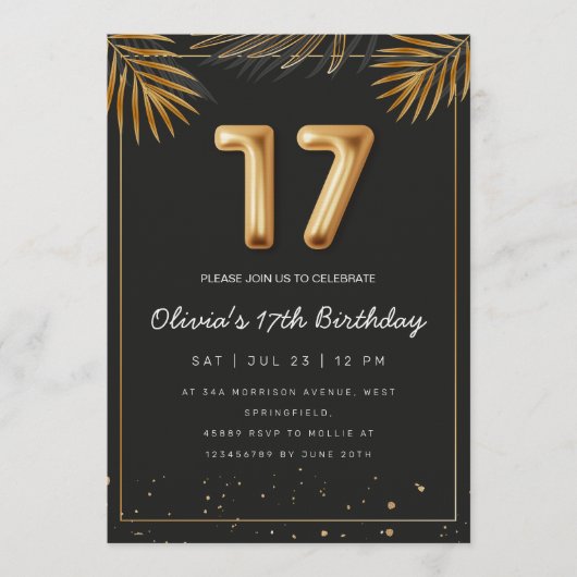 Invitation Golden Tropical Palm Leaves 17th Birthday (Devant)