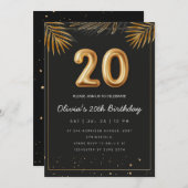 Invitation Golden Tropical Palm Leaves 20th Birthday  (Devant / Derrière)