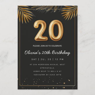 Invitation Golden Tropical Palm Leaves 20th Birthday 