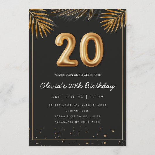 Invitation Golden Tropical Palm Leaves 20th Birthday  (Devant)