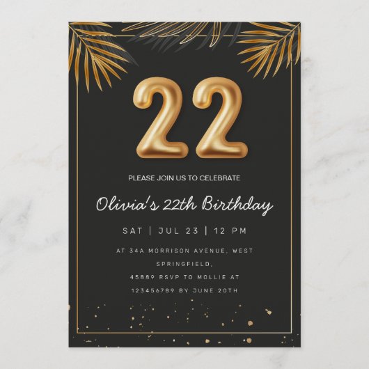 Invitation Golden Tropical Palm Leaves 22th Birthday  (Devant)
