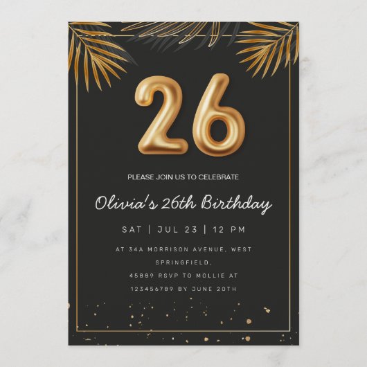 Invitation Golden Tropical Palm Leaves 26th Birthday  (Devant)