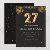 Invitation Golden Tropical Palm Leaves 27th Birthday (Devant / Derrière)