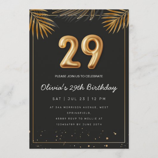 Invitation Golden Tropical Palm Leaves 29th Birthday (Devant)