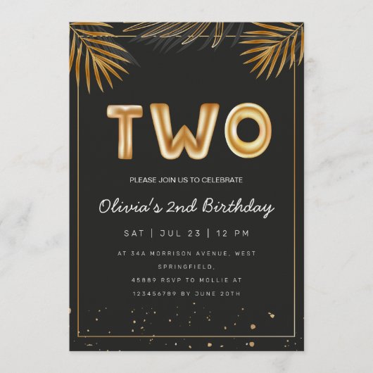 Invitation Golden Tropical Palm Leaves 2nd Birthday (Devant)