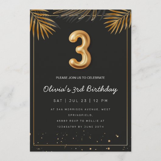 Invitation  Golden Tropical Palm Leaves 3rd Birthday  (Devant)