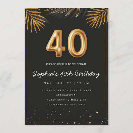 Invitation Golden Tropical Palm Leaves 40th Birthday  (Devant)