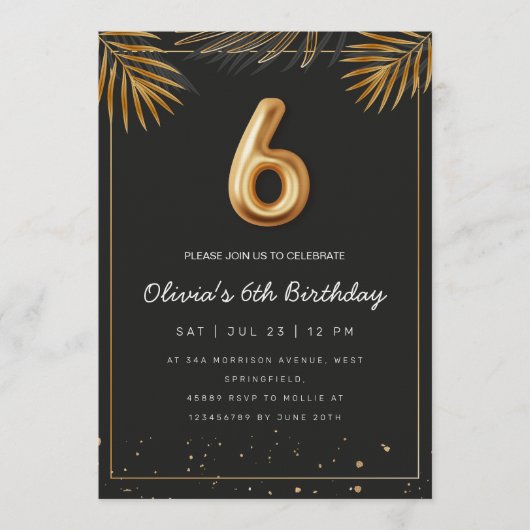 Invitation  Golden Tropical Palm Leaves 6th Birthday  (Devant)