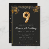 Invitation Golden Tropical Palm Leaves 9th Birthday (Devant / Derrière)