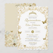 Invitation Golden White Elegant Baroque Regal Quinceanera (Devant / Derrière)