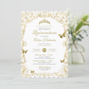 Invitation Golden White Elegant Baroque Regal Quinceanera