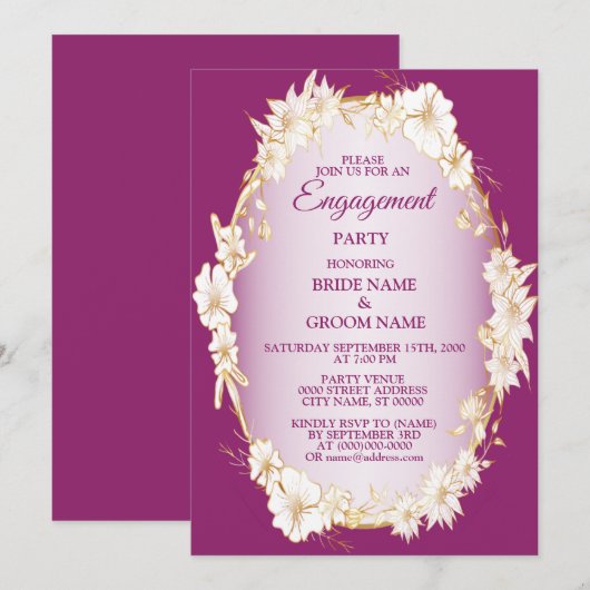 Invitation Golden White Floral Pink Rustic Engagement Party  (Devant / Derrière)