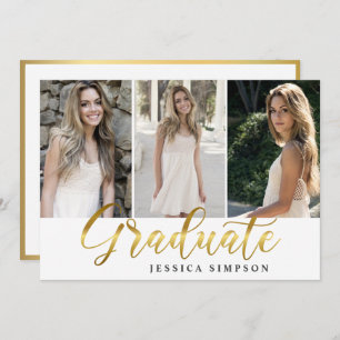 Invitation Golden White Modern 3 PHOTO Graduation Party