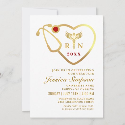 Invitation Golden White Modern Nursing School Graduation (Devant)