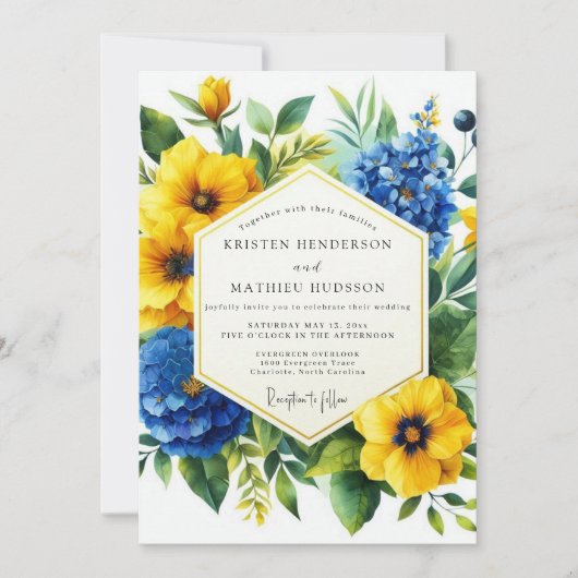 Invitation Golden Yellow Blue Bloom Wedding (Devant)