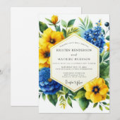 Invitation Golden Yellow Blue Bloom Wedding (Devant / Derrière)