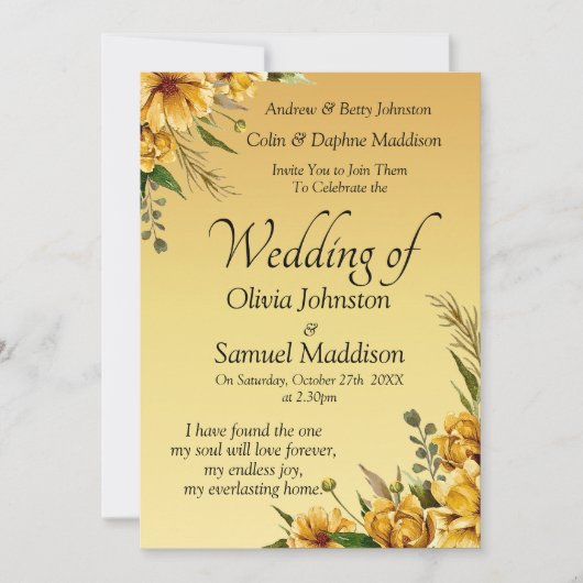 Invitation Golden Yellow Flowers Mariage Suite (Devant)