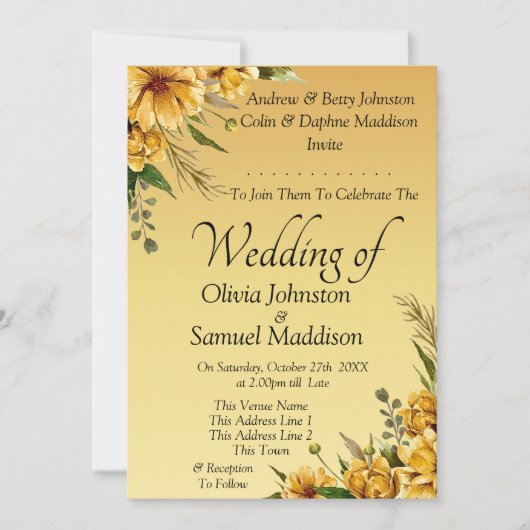 Invitation Golden Yellow Flowers Mariage Suite (Devant)
