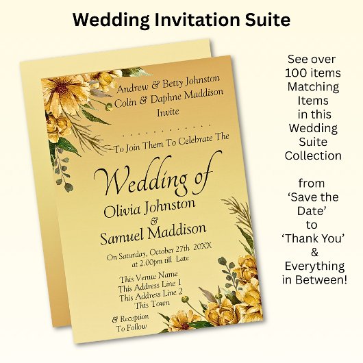 Invitation Golden Yellow Flowers Mariage Suite