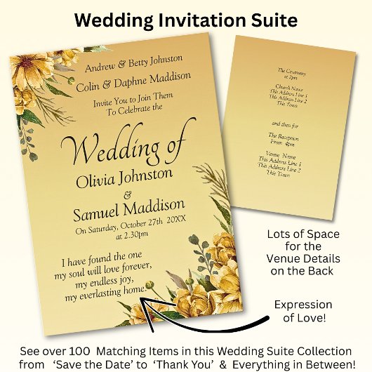 Invitation Golden Yellow Flowers Mariage Suite