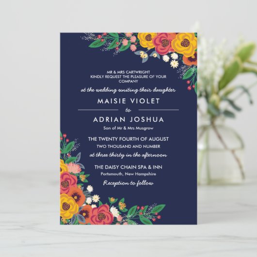 Invitation Golden Yellow Navy Boho Floral Parents Hébergement (Debout devant)