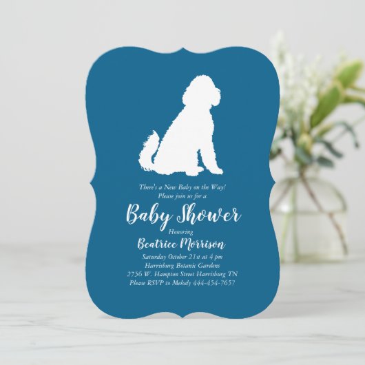 Invitation Goldendoodle Chien Baby shower Blue Boy (Debout devant)