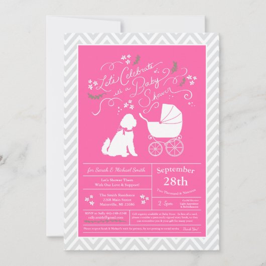Invitation Goldendoodle chien Baby shower fille rose (Devant)