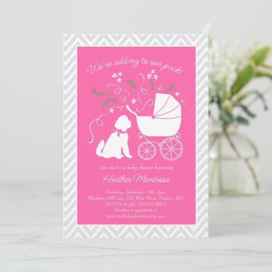 Invitation Goldendoodle chien Baby shower fille rose (Debout devant)