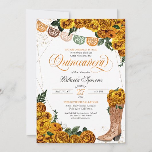 Invitation Goldenrod Yellow Roses Charra Cowgirl Quinceañera (Devant)