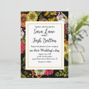 Invitation Goldfinches dans le jardin sur noir