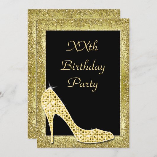 Invitation Golds glamour & Chaussure Diamond Anniversaire (Devant / Derrière)