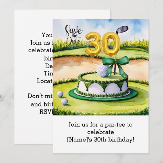 Invitation Golf 30th Birthday Cake pour Golfer Party (Devant / Derrière)