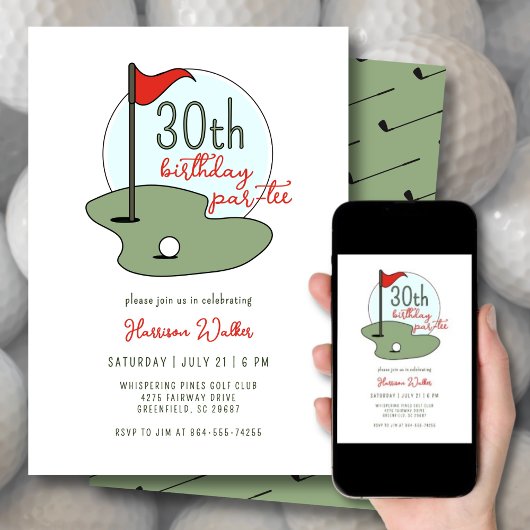 Invitation Golf 30th Birthday Party Hand Drawn Modern Green