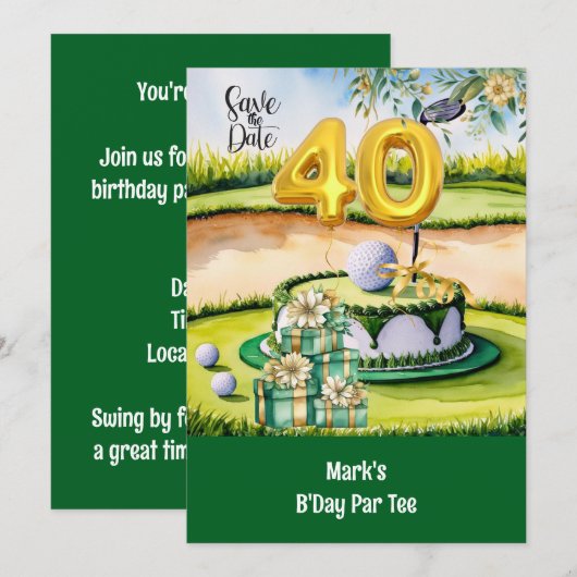 Invitation Golf 40e anniversaire avec gâteau sur le terrain d (Devant / Derrière)