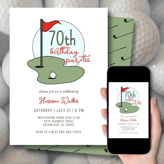 Invitation Golf 70th Birthday Party Hand Drawn Modern Green