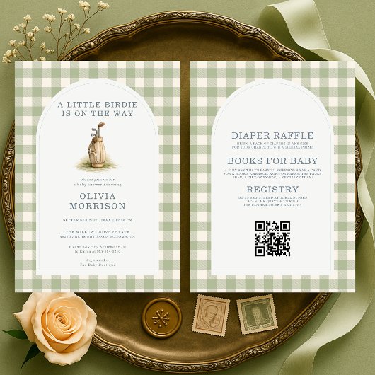 Invitation Golf All in One Green Gingham Baby Shower