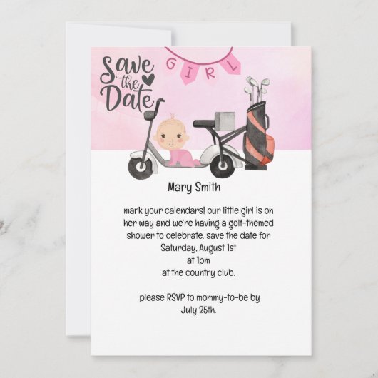 Invitation Golf Baby Girl pour Baby shower sur rose (Devant)