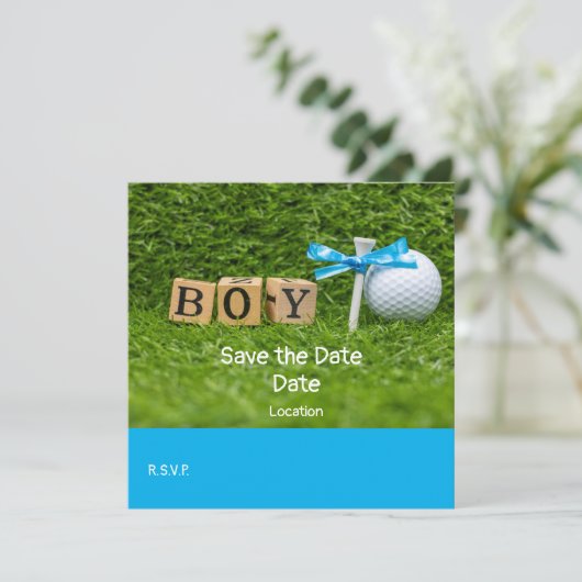 Invitation Golf baby shower garçon avec ruban bleu sur vert (Debout devant)