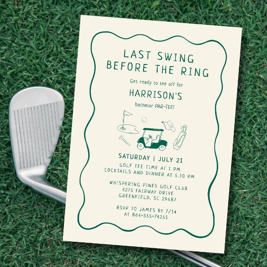 Invitation Golf Bachelor Party Hand Drawn Last Swing Green 