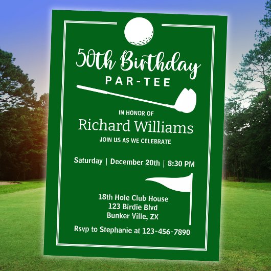 Invitation Golf Ball Tee Drapeau Vert moderne 50e anniversair
