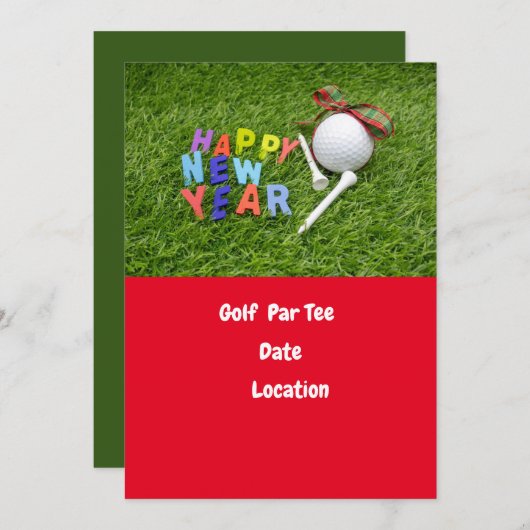 Invitation Golf balle et tee Happy New Year Par tee golfer (Devant / Derrière)