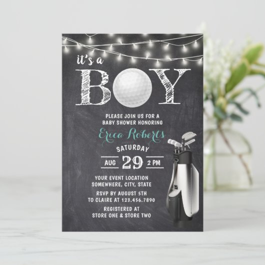 Invitation Golf Boy Rustic Chalkboard Baby shower (Debout devant)
