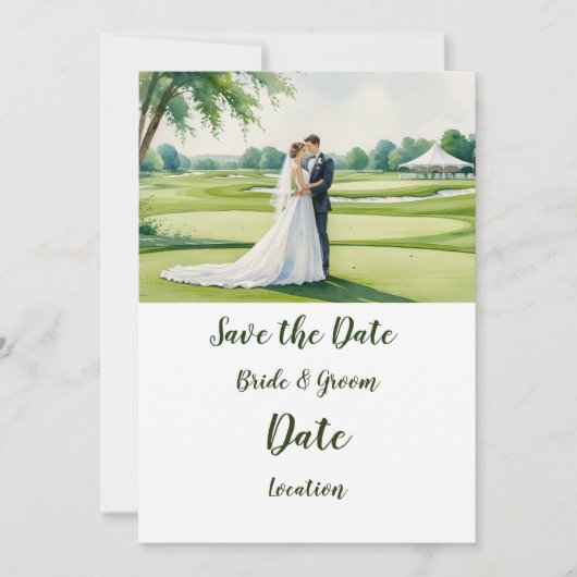 Invitation Golf  bride and groom on golf course (Devant)