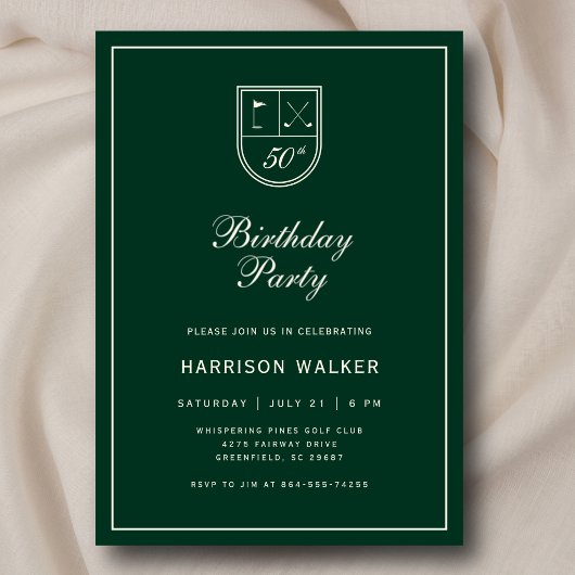 Invitation Golf Crest 50th Birthday Party Elegant Script