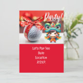 Invitation Golf Nouvel An chinois avec boule et ruban rouge (Debout devant)