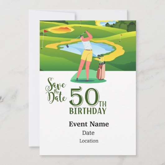 Invitation Golf Party 50e anniversaire Save Date femme golfer (Devant)