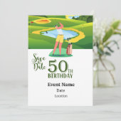 Invitation Golf Party 50e anniversaire Save Date femme golfer (Debout devant)