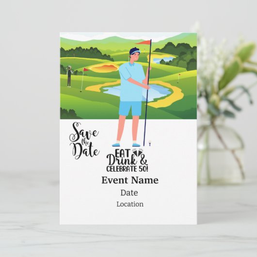Invitation Golf Party 50th Birthday Enregistrer la date pour (Debout devant)